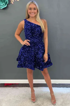 Sequin Royal Blue Homecoming Dress One Shoulder Short Prom Dresses