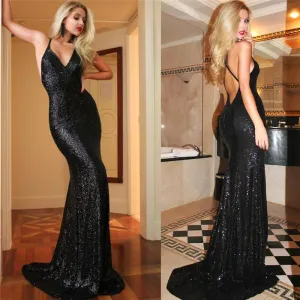 Sexy Black Sequin Prom Dresses Mermaid V-Neck Open Back