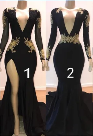 Sexy Long Sleeve Black Gold Prom Dresses 2024 V Neck Appliques Formal Dress