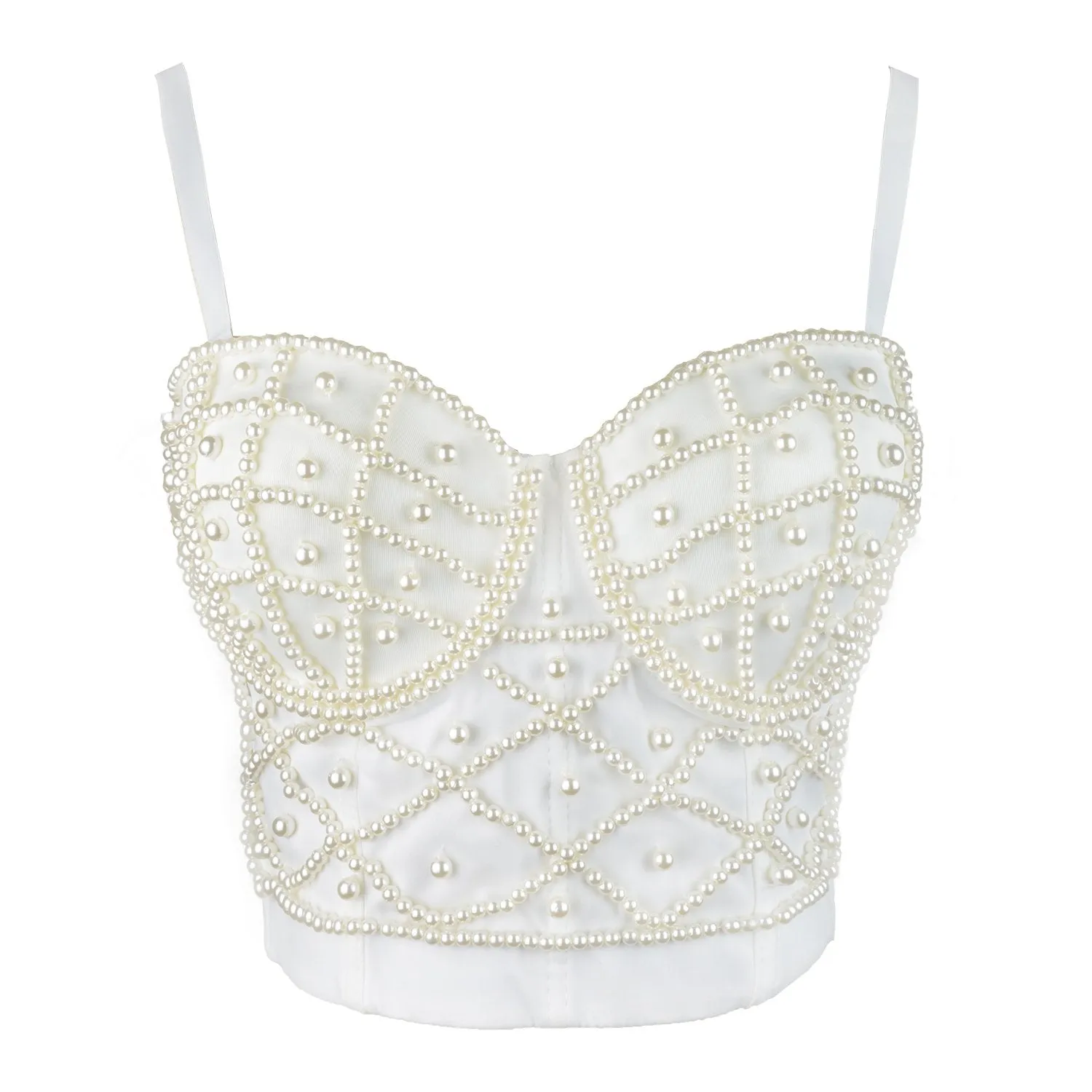 Sexy Pearls Beaded Bustier Corset Crop Top Club Party Cage Bra White