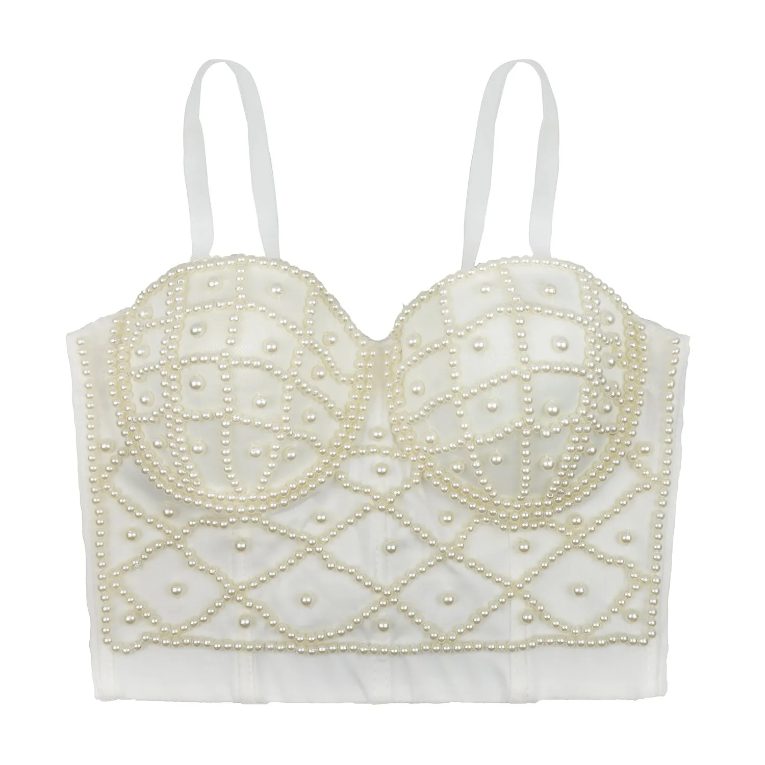 Sexy Pearls Beaded Bustier Corset Crop Top Club Party Cage Bra White