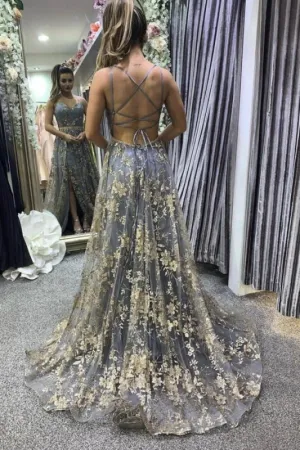Sexy Sweetheart Aline Prom Dress Spaghetti Straps Floral Lace Evening Dress with Side Slit