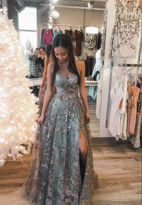 Sexy Sweetheart Aline Prom Dress Spaghetti Straps Floral Lace Evening Dress with Side Slit