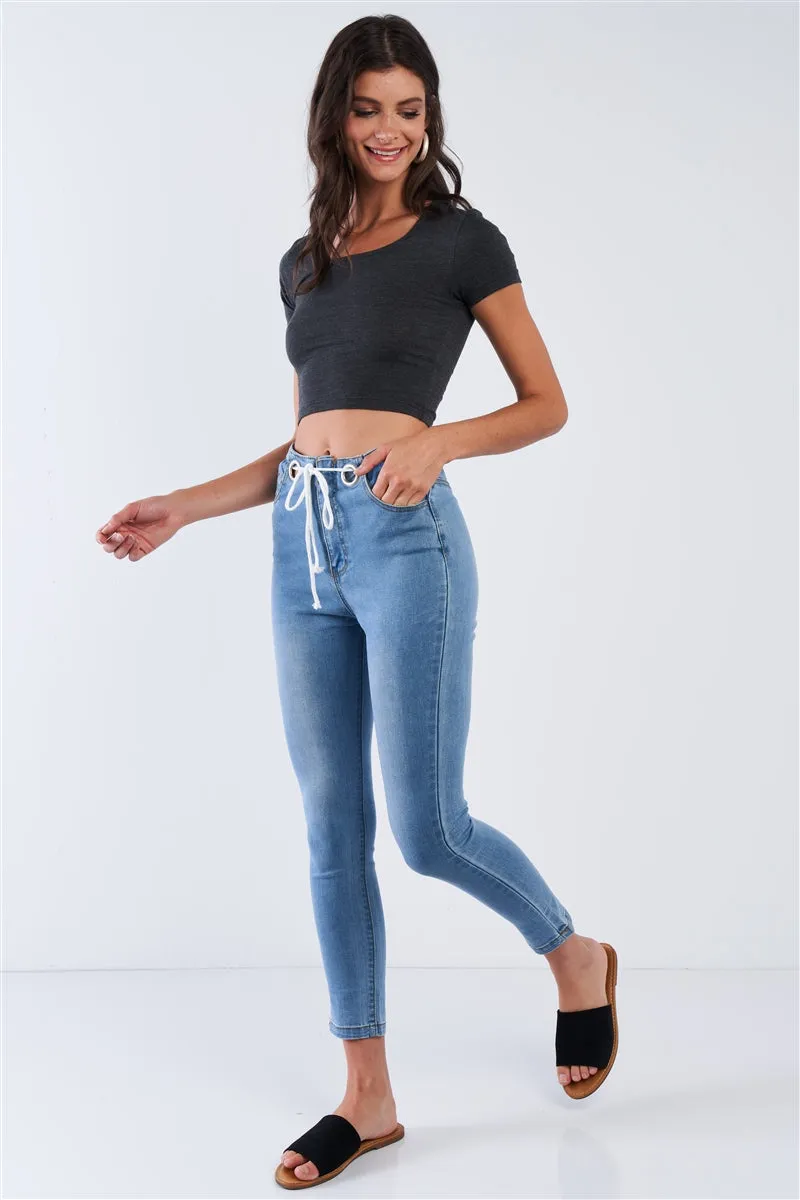 Shoelace Tie High Waisted Jeans | Light Blue