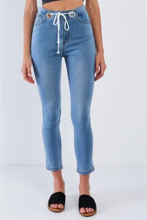 Shoelace Tie High Waisted Jeans | Light Blue
