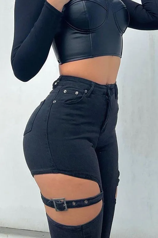 Side Hole Denim Skinny Jeans