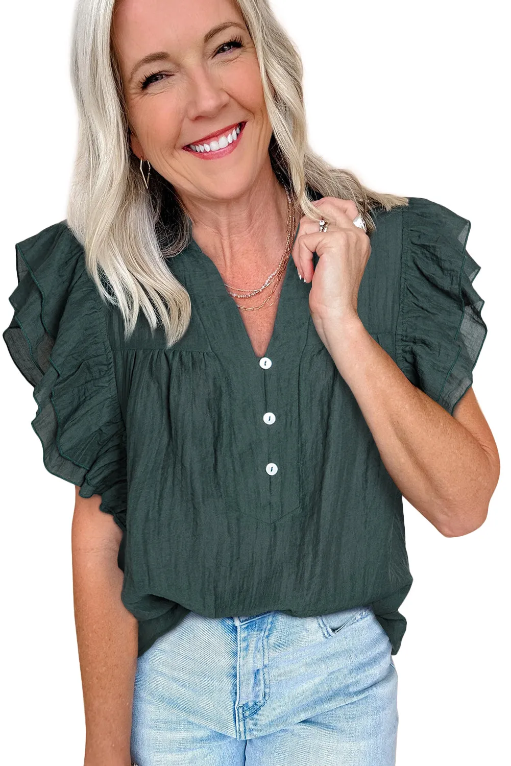 Skobeloff Frilled V Neck Ruffled Cap Sleeve Blouse