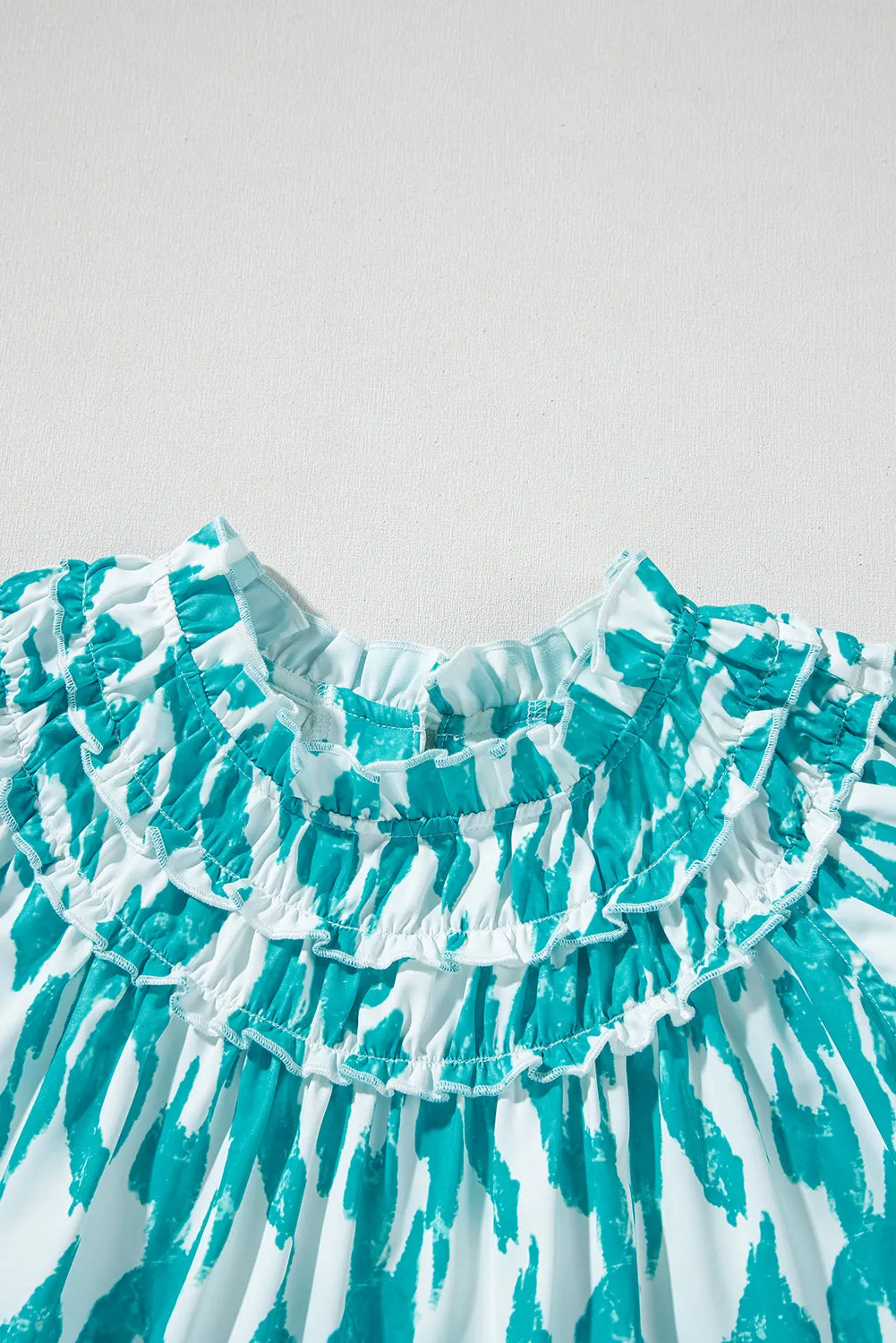 Sky Blue Abstract Print Frilled Crewneck Loose Fit Blouse