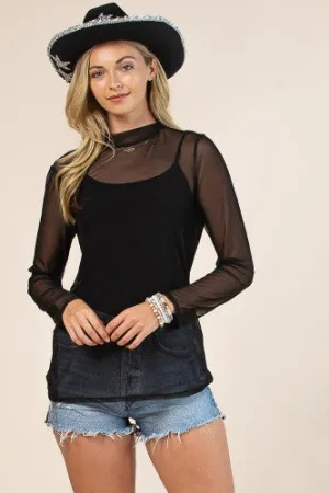 Solid Mock Neck Sheer Mesh
