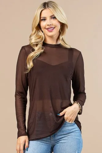 Solid Mock Neck Sheer Mesh