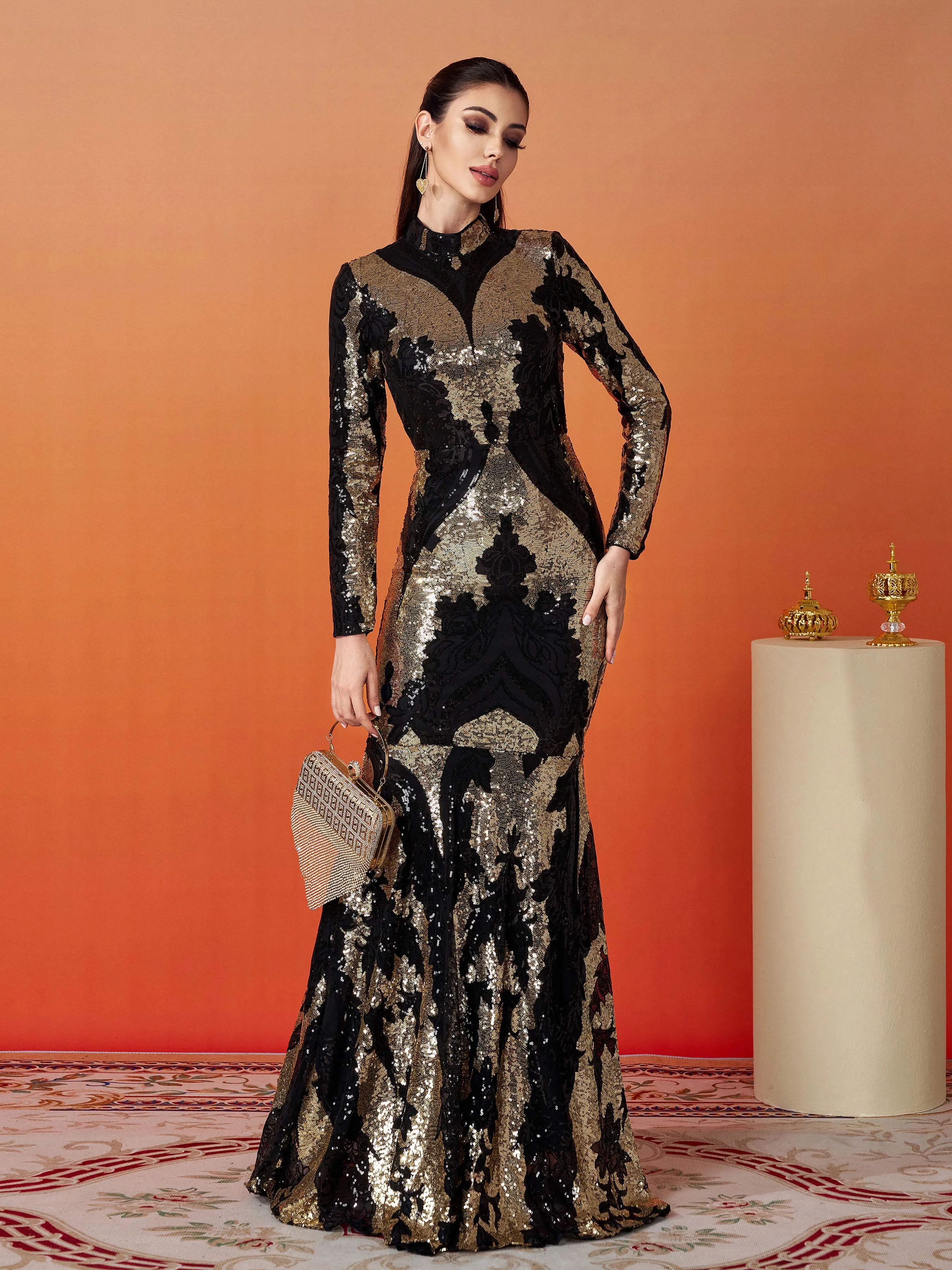 Stand Collar Sequin Prom Dress XJ1579