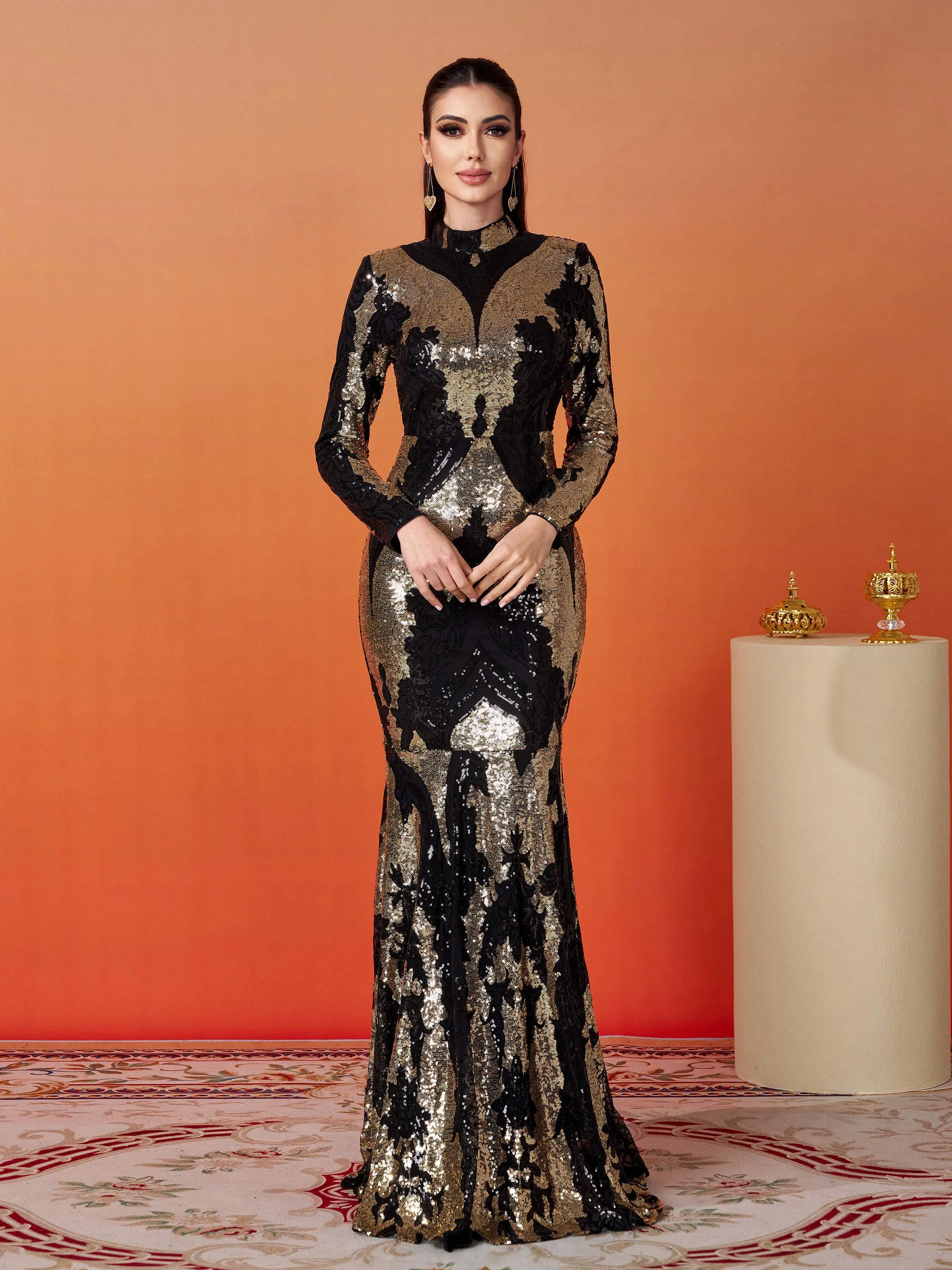 Stand Collar Sequin Prom Dress XJ1579