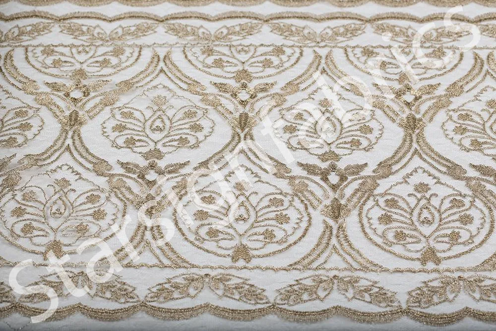 Symmetrical Embroidered Fabric with Decorative Embellishments
