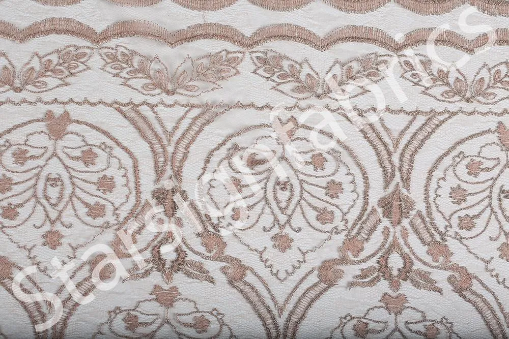 Symmetrical Embroidered Fabric with Decorative Embellishments