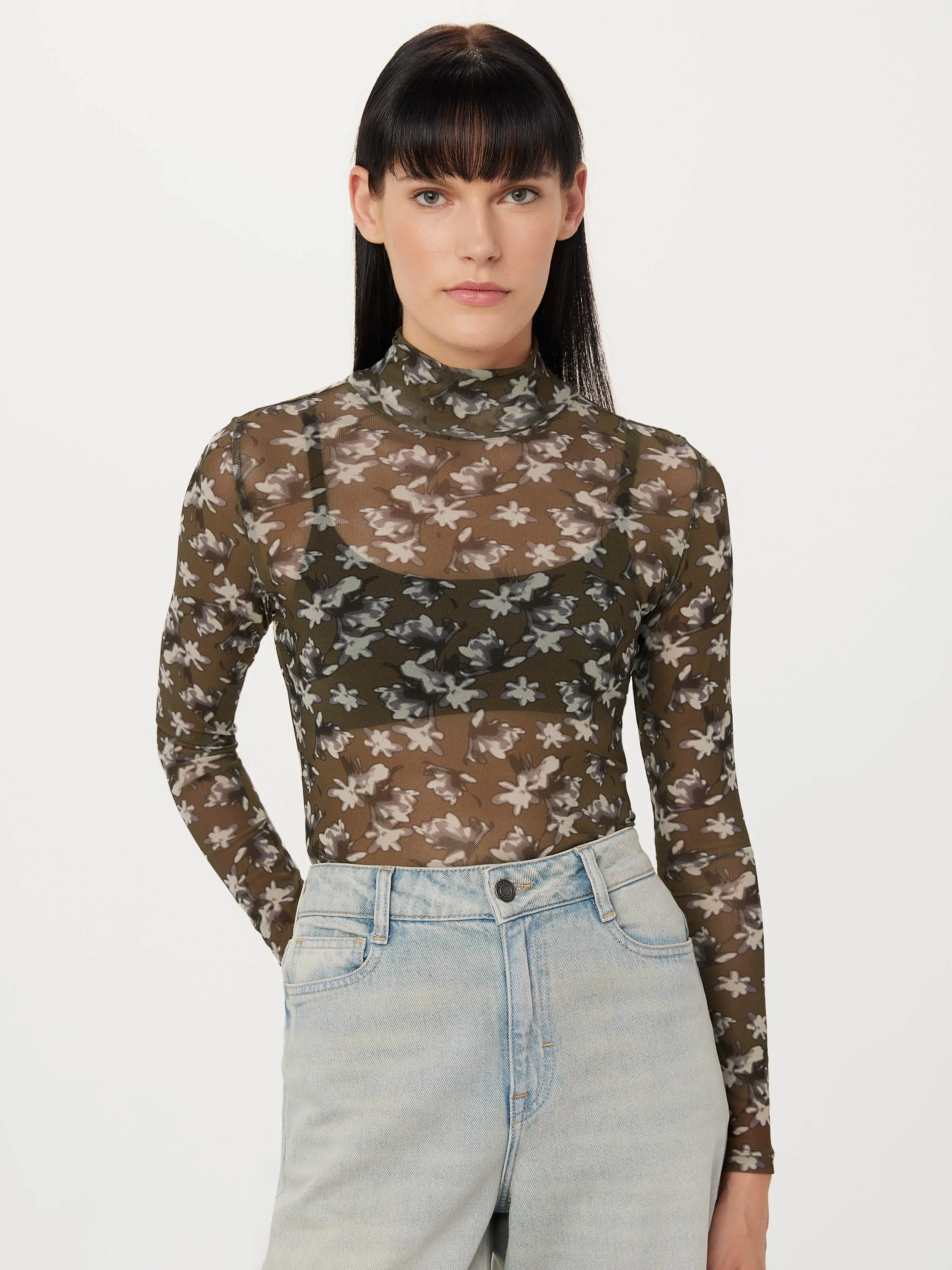 The Printed Mesh Mock Neck in Dark Olive