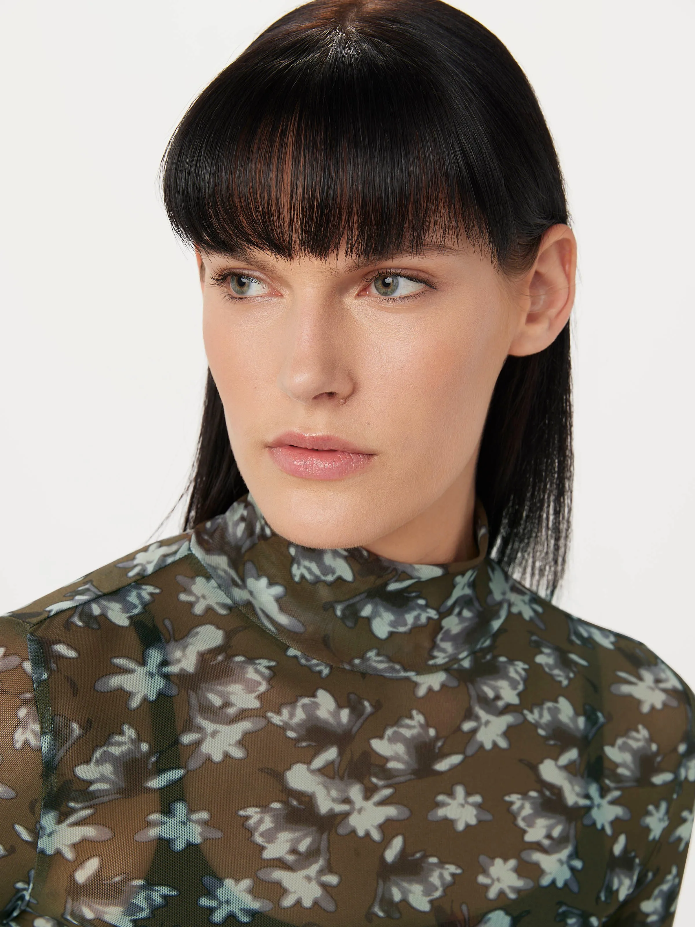 The Printed Mesh Mock Neck in Dark Olive