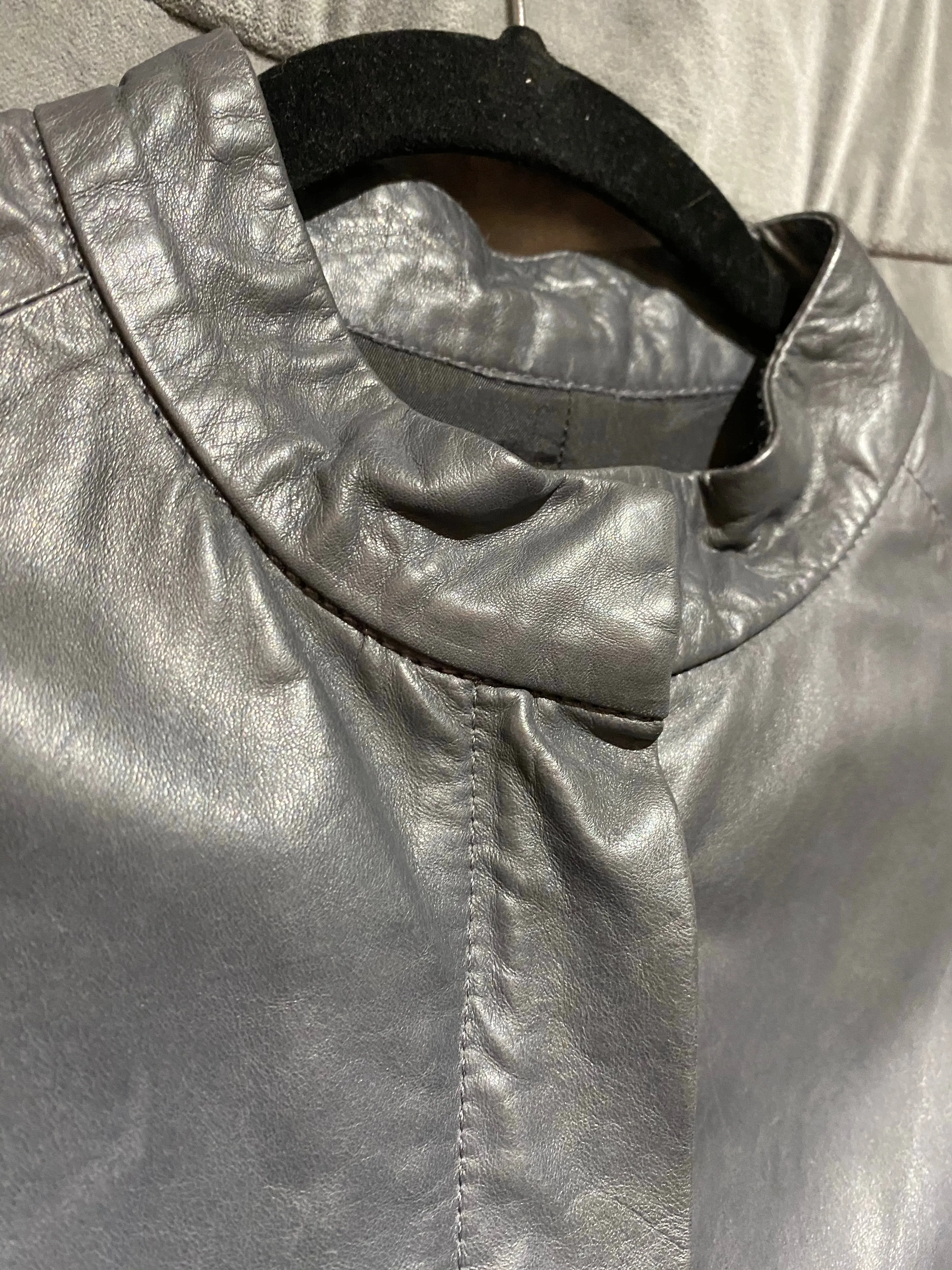Theory Grey Leather Collarless Leather Jacket