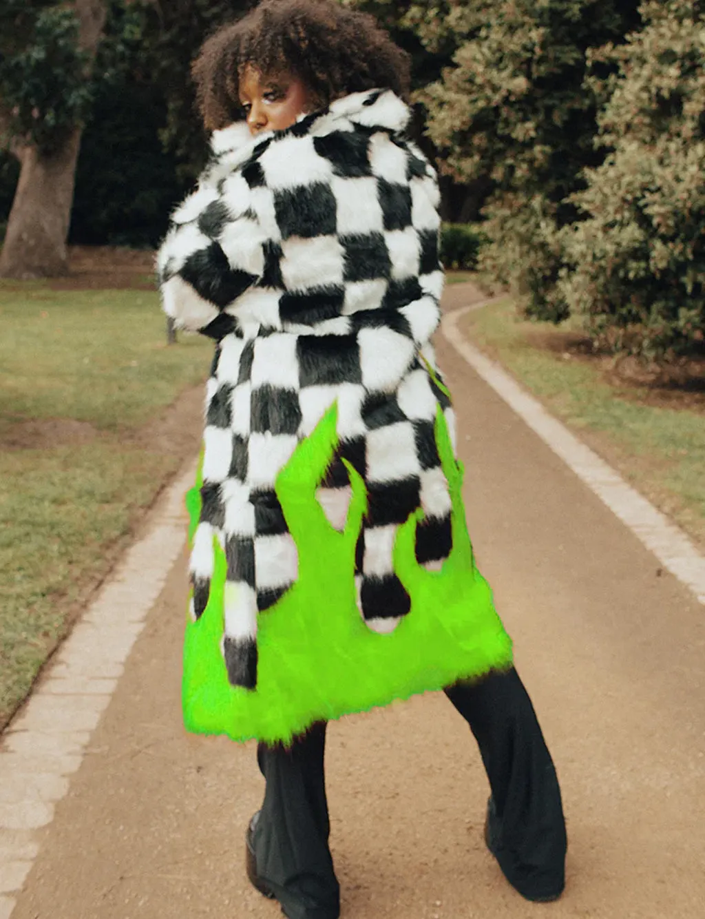TOO HOT TO HANDLE FAUX FUR JACKET - CHECK/ GREEN FLAME ✰ MADE 4 U ✰