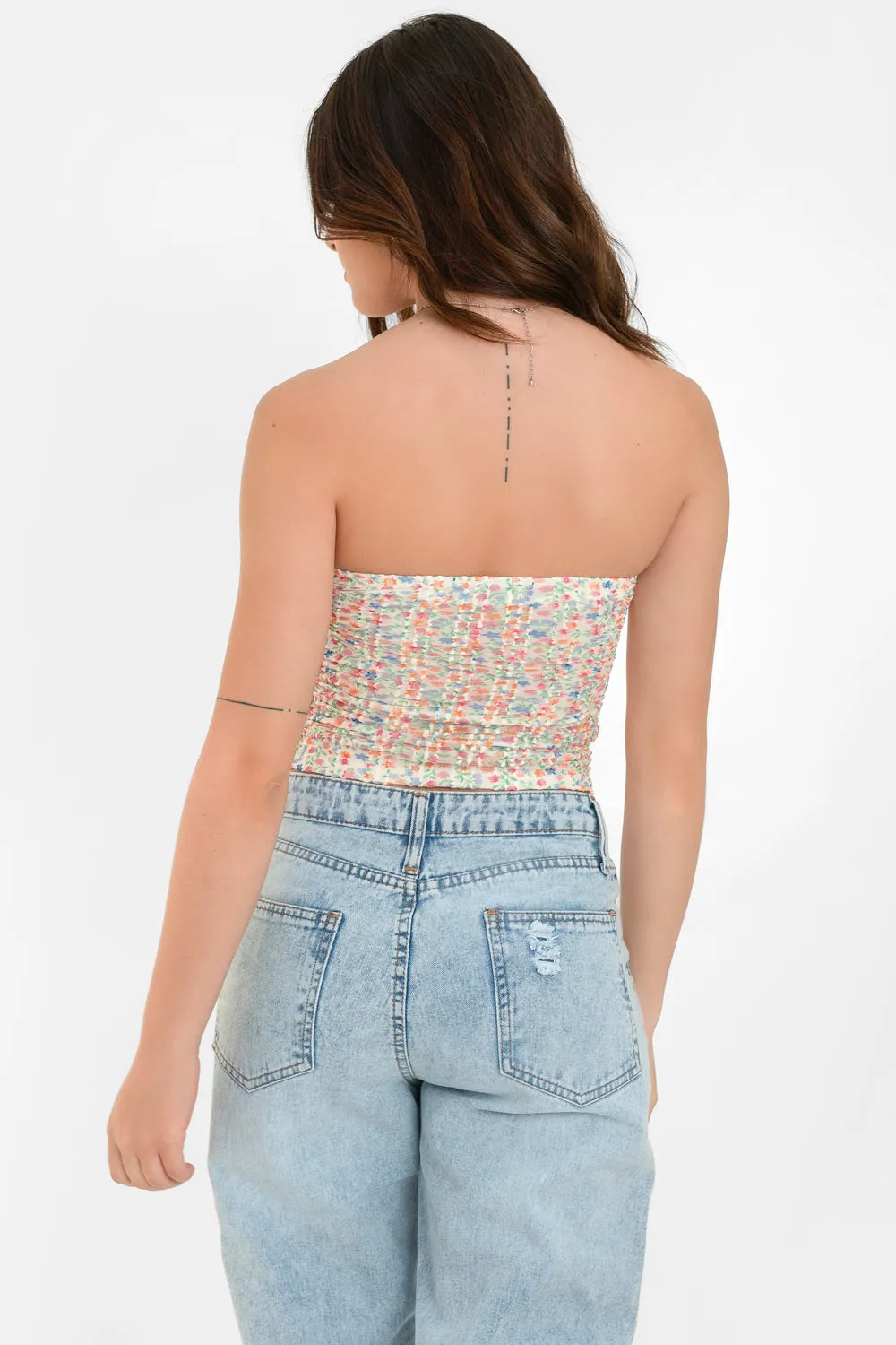 Top strapless floral escote corazón con nudo