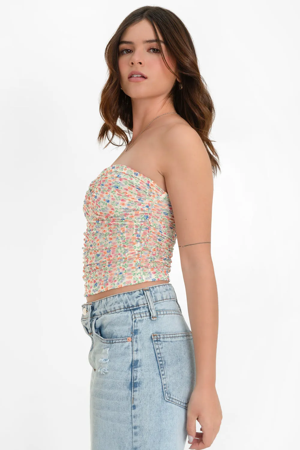 Top strapless floral escote corazón con nudo