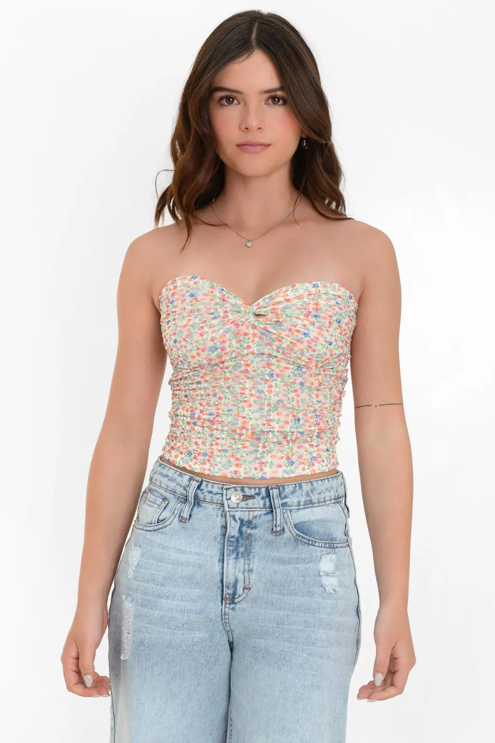 Top strapless floral escote corazón con nudo