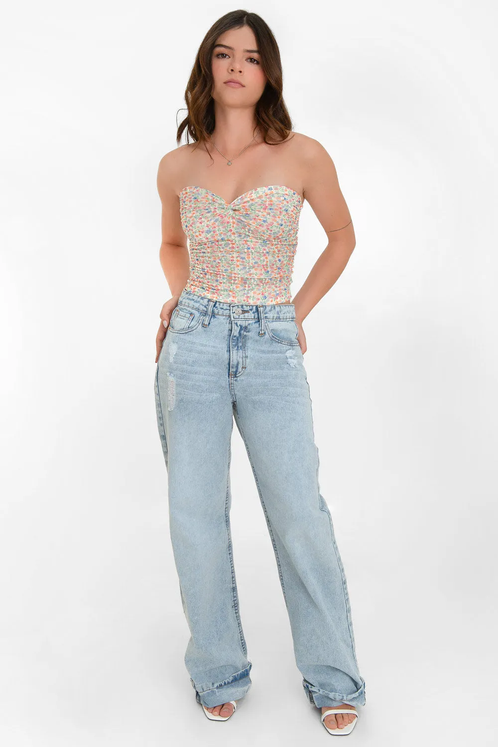 Top strapless floral escote corazón con nudo