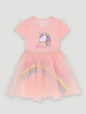 Tulle Party Dress With Rainbow Print - Pink