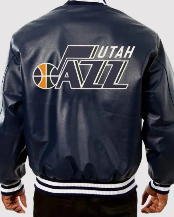 Utah Jazz Navy Blue Leather Varsity Jacket
