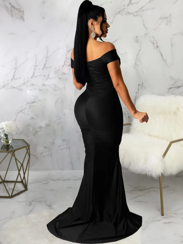 V-Neck Off-Shoulder Bodycon Dress with Ruched Detailing