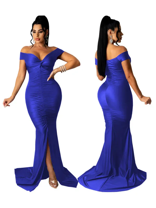 V-Neck Off-Shoulder Bodycon Dress with Ruched Detailing