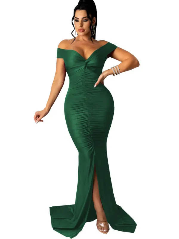 V-Neck Off-Shoulder Bodycon Dress with Ruched Detailing