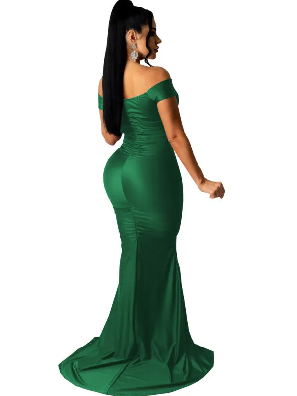 V-Neck Off-Shoulder Bodycon Dress with Ruched Detailing