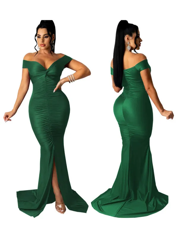 V-Neck Off-Shoulder Bodycon Dress with Ruched Detailing