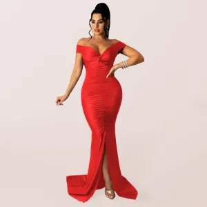 V-Neck Off-Shoulder Bodycon Dress with Ruched Detailing