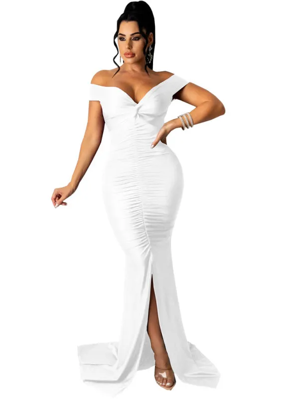 V-Neck Off-Shoulder Bodycon Dress with Ruched Detailing