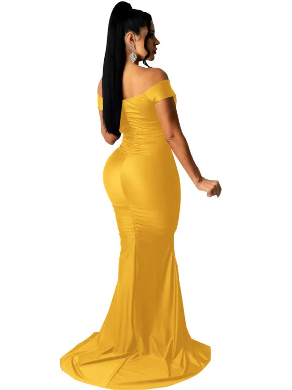 V-Neck Off-Shoulder Bodycon Dress with Ruched Detailing