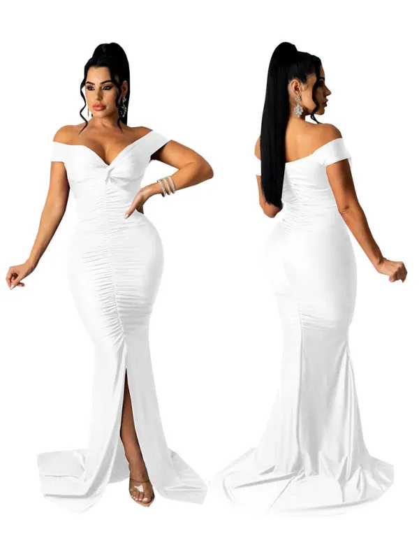 V-Neck Off-Shoulder Bodycon Dress with Ruched Detailing