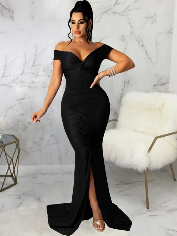 V-Neck Off-Shoulder Bodycon Dress with Ruched Detailing