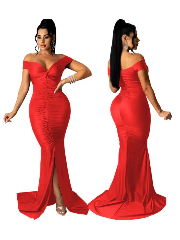 V-Neck Off-Shoulder Bodycon Dress with Ruched Detailing
