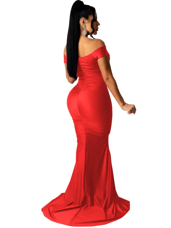 V-Neck Off-Shoulder Bodycon Dress with Ruched Detailing