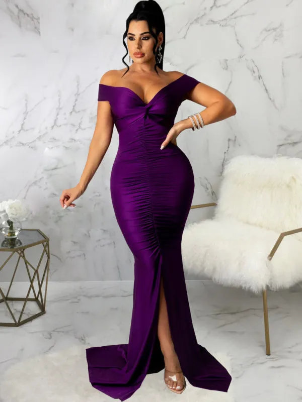 V-Neck Off-Shoulder Bodycon Dress with Ruched Detailing