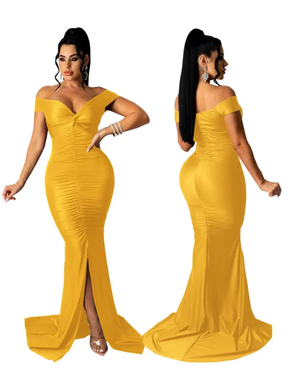 V-Neck Off-Shoulder Bodycon Dress with Ruched Detailing