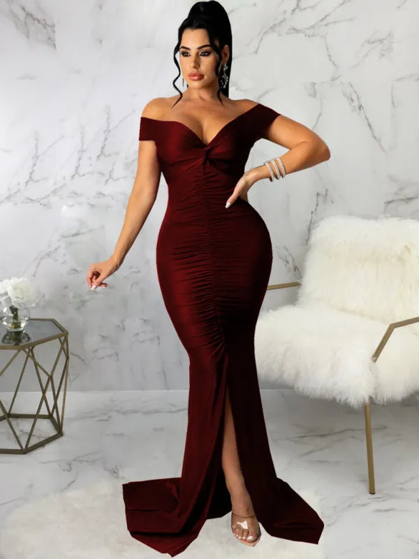 V-Neck Off-Shoulder Bodycon Dress with Ruched Detailing