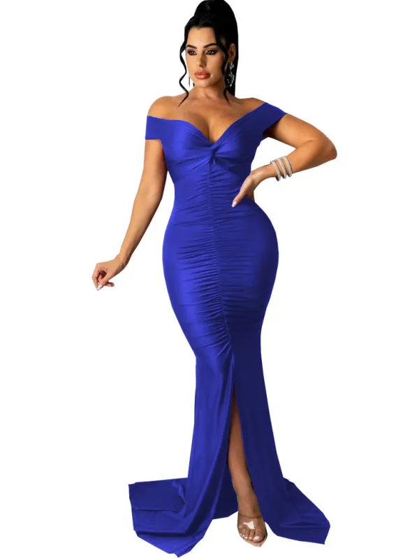 V-Neck Off-Shoulder Bodycon Dress with Ruched Detailing