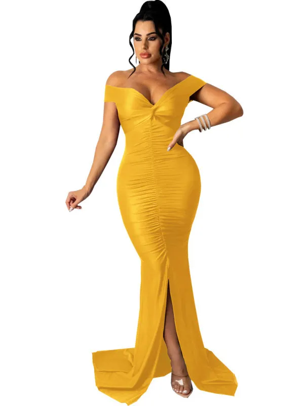 V-Neck Off-Shoulder Bodycon Dress with Ruched Detailing