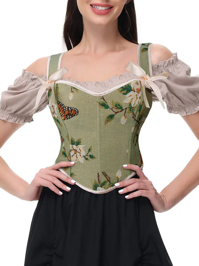 Victorian Floral Butterfly Print Overbust Corset Bustier Crop Top