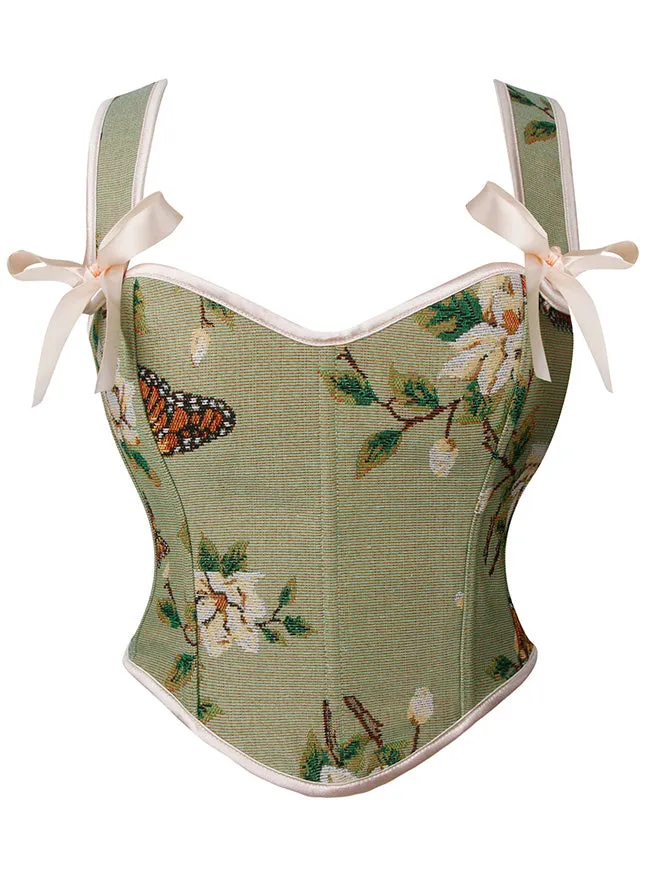 Victorian Floral Butterfly Print Overbust Corset Bustier Crop Top