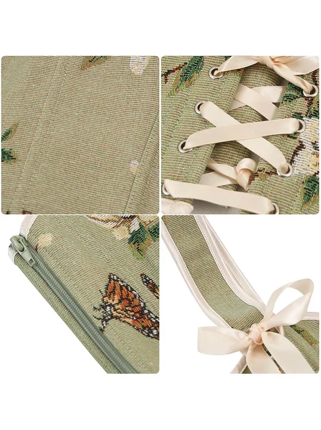 Victorian Floral Butterfly Print Overbust Corset Bustier Crop Top