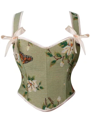 Victorian Floral Butterfly Print Overbust Corset Bustier Crop Top