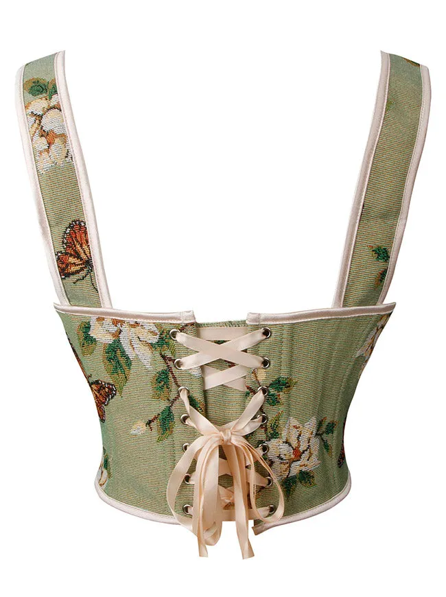 Victorian Floral Butterfly Print Overbust Corset Bustier Crop Top